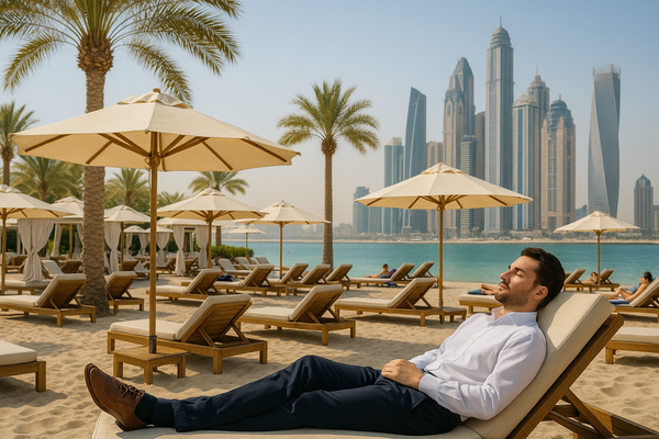 A sunlit Dubai beach club scene with white cabanas, relaxed guests on loungers, and the iconic skyline in the background, including the twisted Cayan Tower.