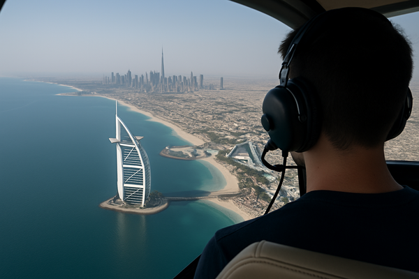A breathtaking aerial view of Dubai from a helicopter ride above the city’s iconic landmarks.