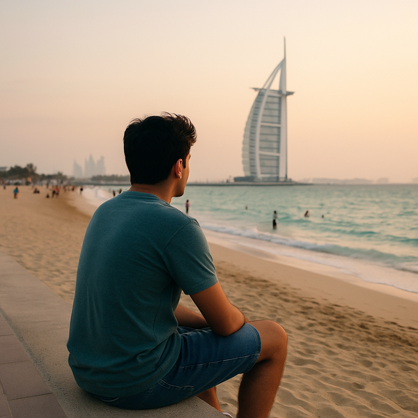 Young man sitting quietly at Kite Beach in Dubai, looking at the sea and Burj Al Arab during sunset.