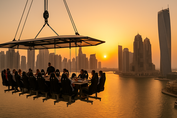 People having dinner while hanging in the air above Dubai Marina during sunset, with city skyscrapers and golden reflections in the background.