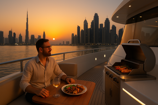 Man enjoying BBQ dinner on a luxury yacht in Dubai Marina at sunset.