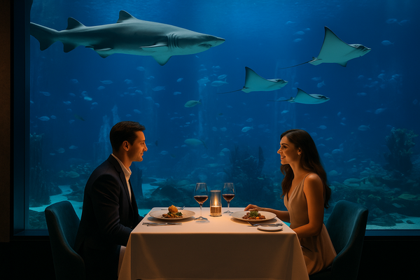 Couple dining beside aquarium with sharks and rays in Dubai.