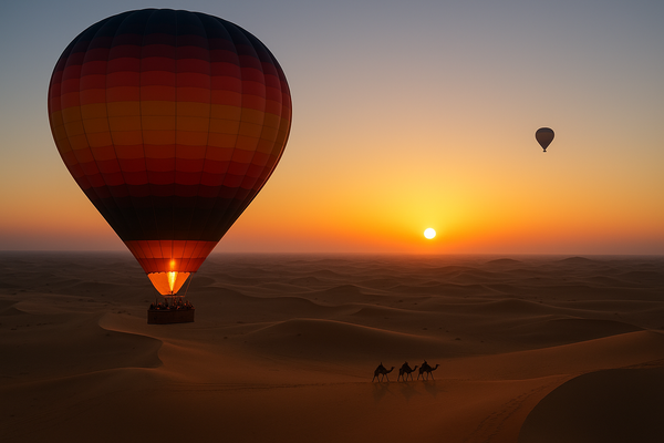 Hot air balloon flying above Dubai desert at sunrise with camels below.